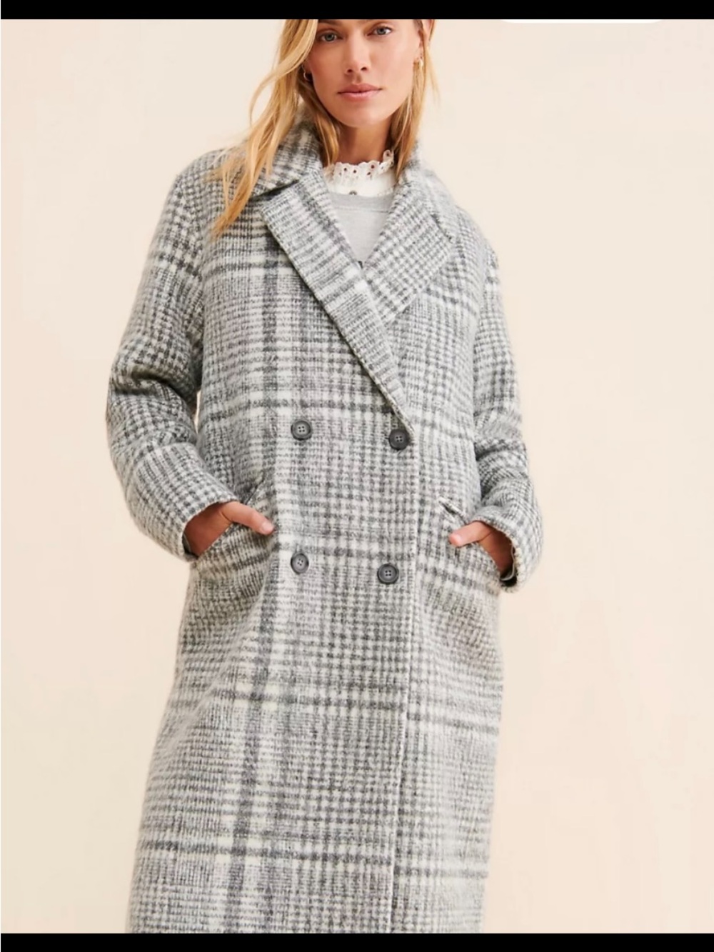 RD Style Gray Plaid Double-Breasted Pea Coat